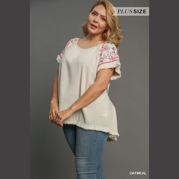 Embroidered Sleeves Linen Cotton Blend Round Neck w/ Frayed High Low Hem - Picture 5 of 14